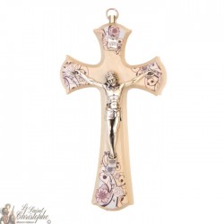 Croix bois fleurie avec christ - 15 cm