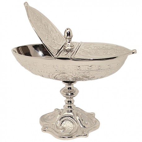 Shuttle Carved Incense Container with Two Lids - Silver Color