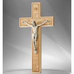 Floral carved wood cross with Christ - 16 cm