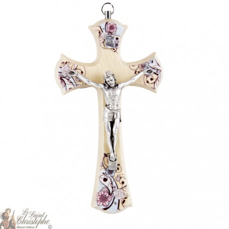 Croix bois fleurie avec christ - 20 cm 