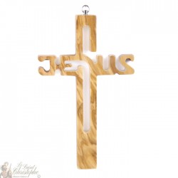 Geschnitztes hölzernes Kreuz mit Text Jesus