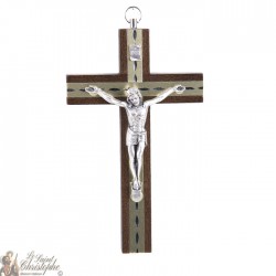 Croix bois brun avec Christ metal doré - 15 cm