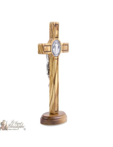 Croix Saint Benoit en bois d'olivier - 20 cm - sur base 