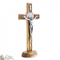 Croix Saint Benoit en bois d'olivier - 20 cm - sur base 