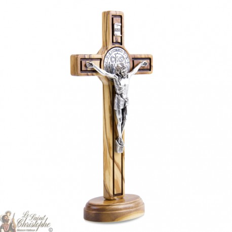 Croix Saint Benoit en bois d'olivier - 20 cm - sur base 
