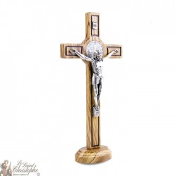 Croix Saint Benoit en bois d'olivier - 30cm - sur base 