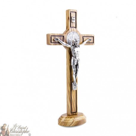 Croix Saint Benoit en bois d'olivier - 30cm - sur base 