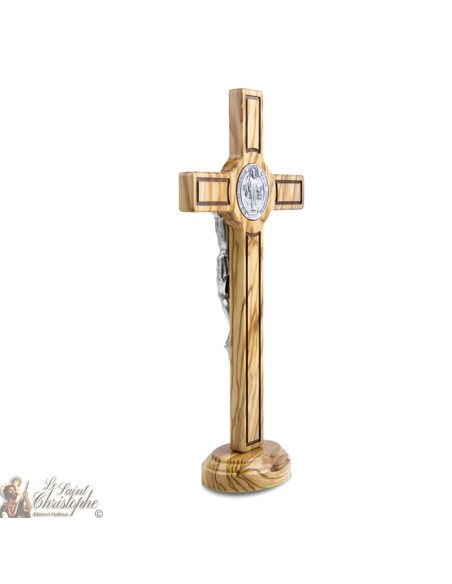Croix Saint Benoit en bois d'olivier - 30cm - sur base 