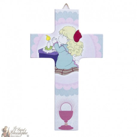 Croce in legno di angelo rosa - 15 cm