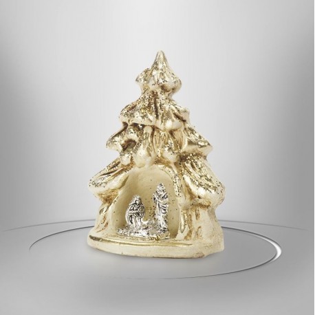 Belén con forma de árbol de Navidad color crema con dorados - 7,5 cm