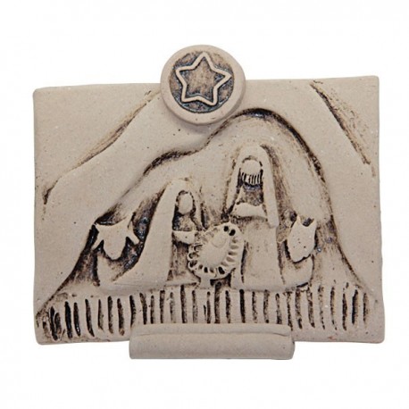 Plaque icone sculptée de la Sainte Famille en terre cuite