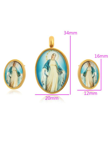 Parure pendentif et boucles d'oreilles Vierge Miraculeuse - plaqué or 24 k