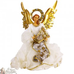 Anillo de ángel con vestido blanco y arpa