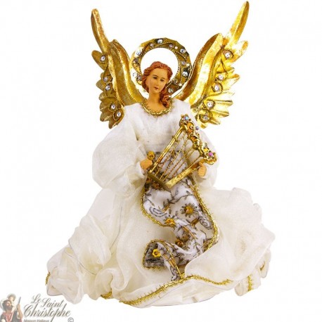 Anillo de ángel con vestido blanco y arpa