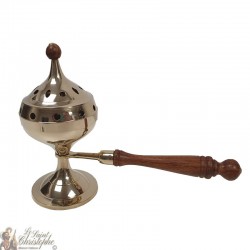 Copper censer with long wooden handle - large