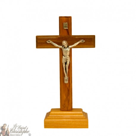 Croix en bois d'olivier sur socle Christ en métal - 14 cm