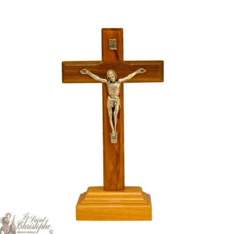 Olive wood cross on metal Christ base - 14 cm