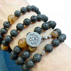 Mala bracelet or necklace with lava stone and agate lotus pendant - lot of 2 pieces