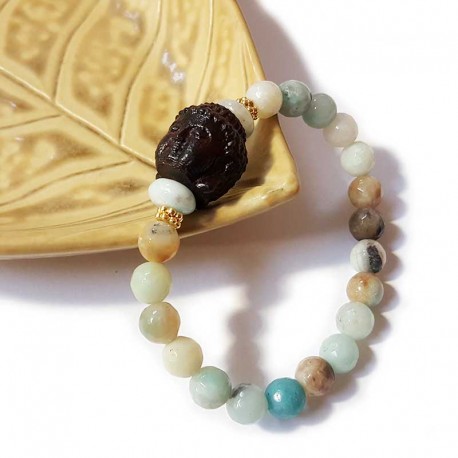 Bracelet tête de Bouddha amazonite et cristal - lot de 4 pièces