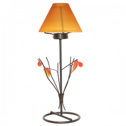 Wrought iron candleholder with leaves and orange glass