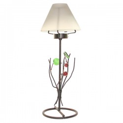 Wrought iron candle holder with green leaves and white glass