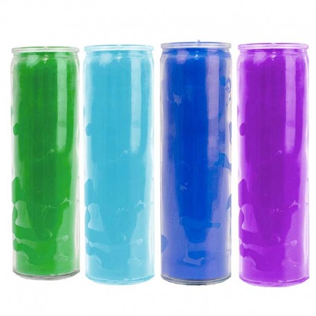 Candele in vetro colorate in massa - Verde, azzurro, blu scuro, malva