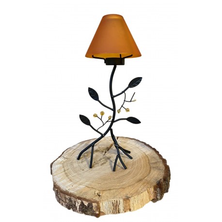 Bougeoir en fer forgé avec feuilles et verre orange