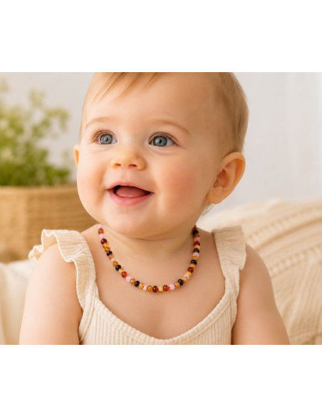 Collier Bébé Ambre Baltique & Quartz Rose 32 cm Multicolore