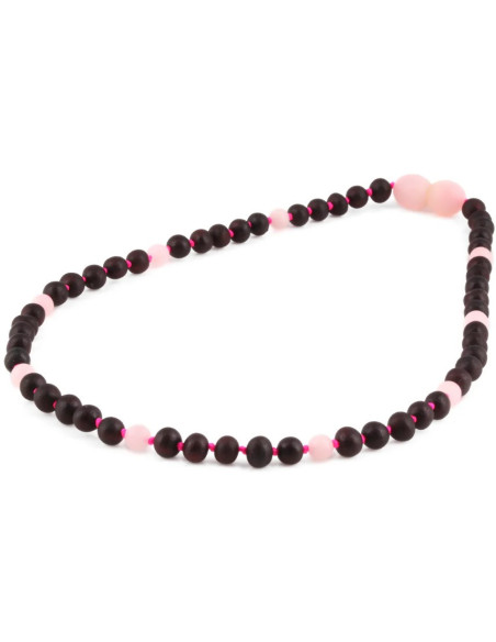 Collar Bebé Ámbar Báltico y Cuarzo Rosa Negro Mate 32 cm