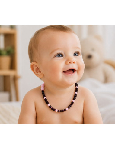 Babyketting Baltisch Barnsteen & Rozenkwarts Zwart Mat 32 cm