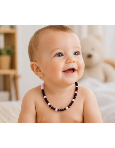Collar Bebé Ámbar Báltico y Cuarzo Rosa Negro Mate 32 cm