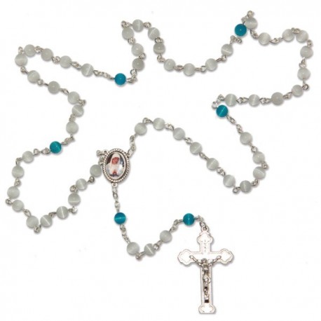 Chapelet Banneux pierre oeil de chat blanc et bleue