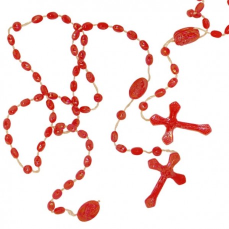 Chapelet en plastique rouge avec reflets argentés, dorés