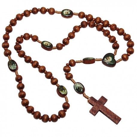 Chapelet en bois brun avec Sainte Rita et Padre Pio