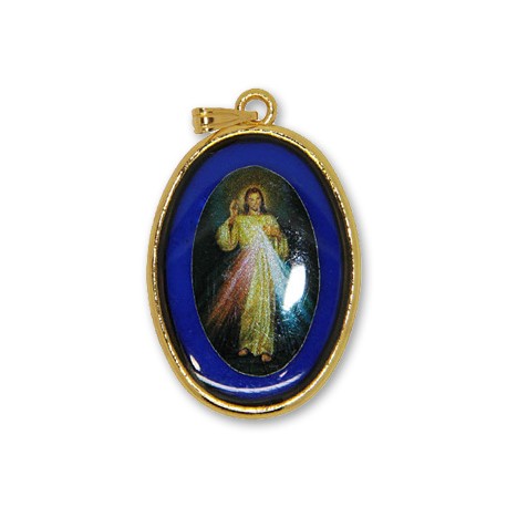 Médaille du Christ Misericordieux ovale bleue 