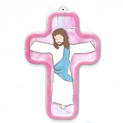 Croix en bois avec Christ 13 cm - couleur rose