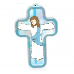 Croce di legno con Cristo 13 cm - colore blu