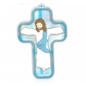 Wooden cross with Christ 13 cm - blue color