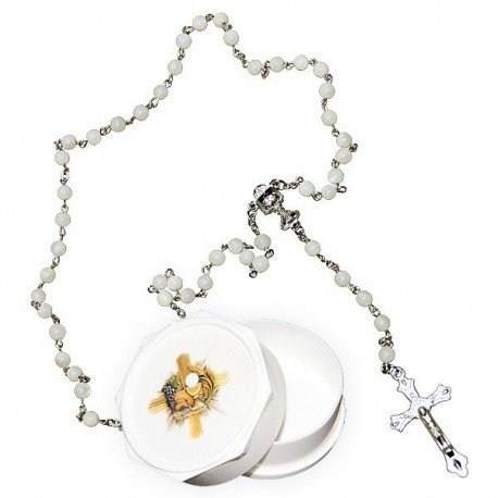 Chapelet en Nacre cœur Calice avec boite communion