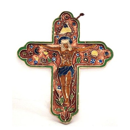 Croix Terre cuite émaillée brun avec fleurs