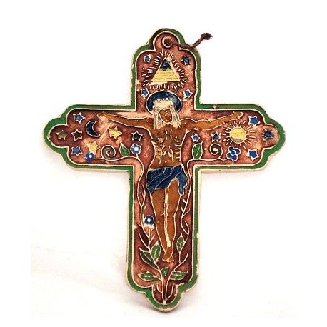 Croix Terre cuite émaillée brun avec fleurs