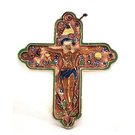 Croix Terre cuite émaillée brun avec fleurs