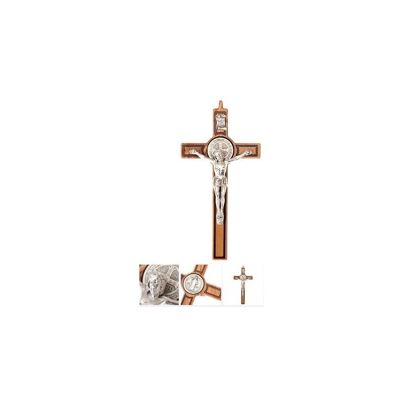 Crucifix En Bois De Saint Benoît 20cm Avec Christ Et Médaille - Objet Religieux Catholique - Livré Depuis Lourdes
