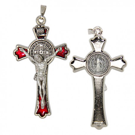 Croix de Saint Benoit argentée - émaillé rouge