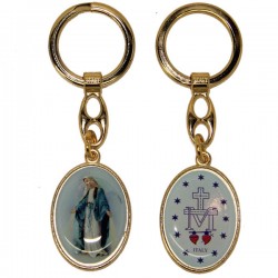 Porte-clés de la Vierge Miraculeuse - ovale bleue - doré