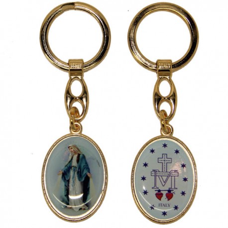 Porte-clés de la Vierge Miraculeuse - oval bleue