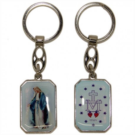 Porte-clés de la Vierge Miraculeuse - Rectangulaire  bleue - doré