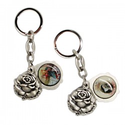Keychain in the shape of a rose with St. Christopher and St. Rita