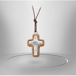 Collier Cordon avec Croix Papale en bois d'olivier - métal Argenté