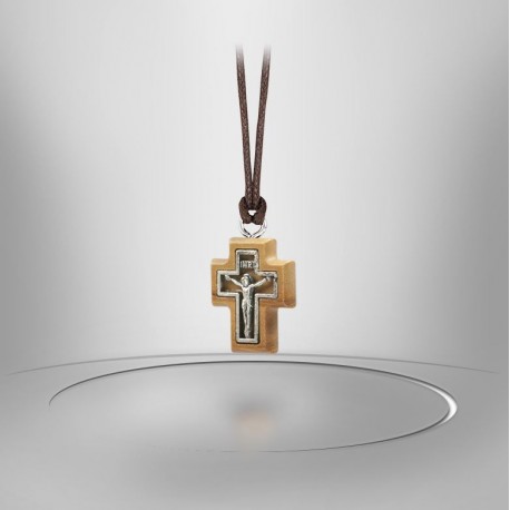 Collier Cordon avec Croix en bois d'olivier - Christ métal Argenté